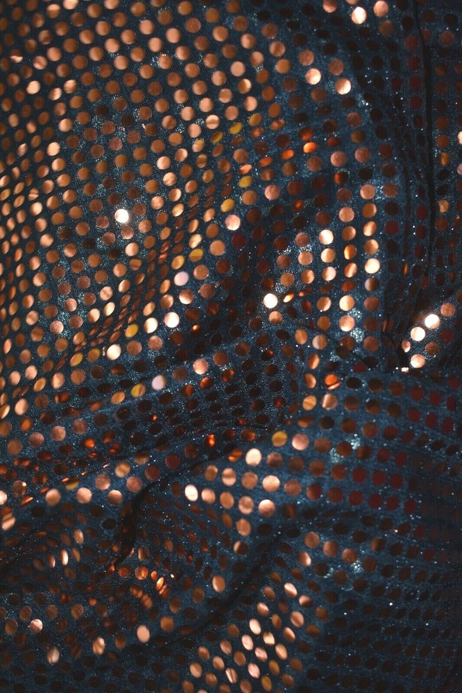 HALLOWEEN SPIRIT 1/4″ ORANGE SEQUINS ON BLACK METALLIC MESH FABRIC BY THE YARD