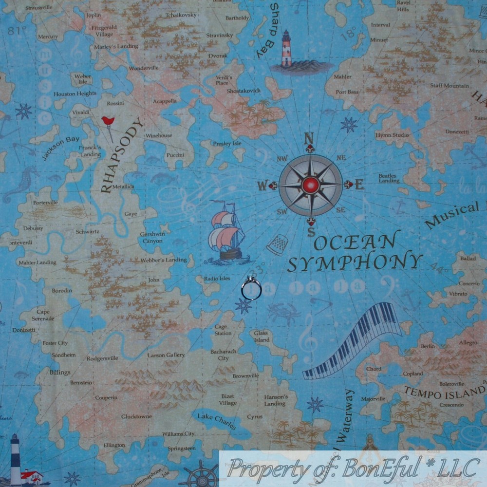 BonEful FABRIC FQ Cotton Quilt Blue Aqua Water Ocean Sea Music Scenic Island USA