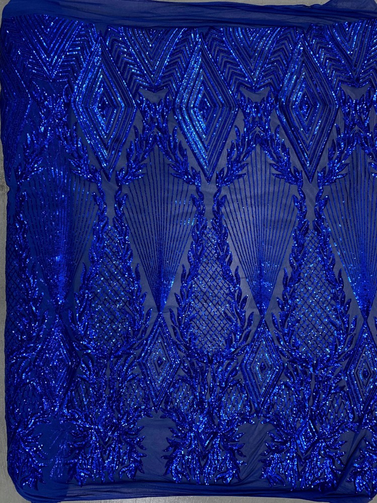 Francesca ROYAL BLUE Vines and Diamonds Pattern Sequins on Mesh Lace Fabric by