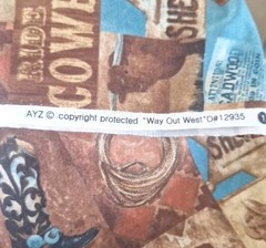 “Way Out West” Boots Sadle Cowboys Gun Rope Brown Blue fabric AYZ 1.25 Cotton