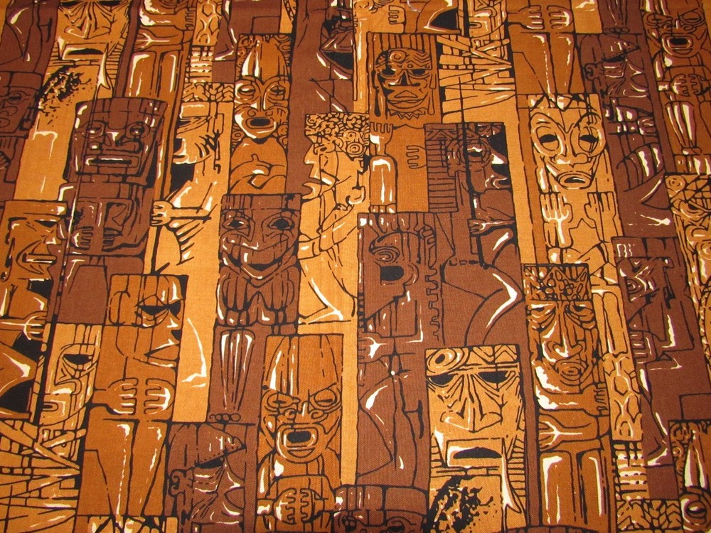 Alfred Shaheen Reproduction Tiki Fabric Hawaiian Print 2 Yards 42” Wide Cotton
