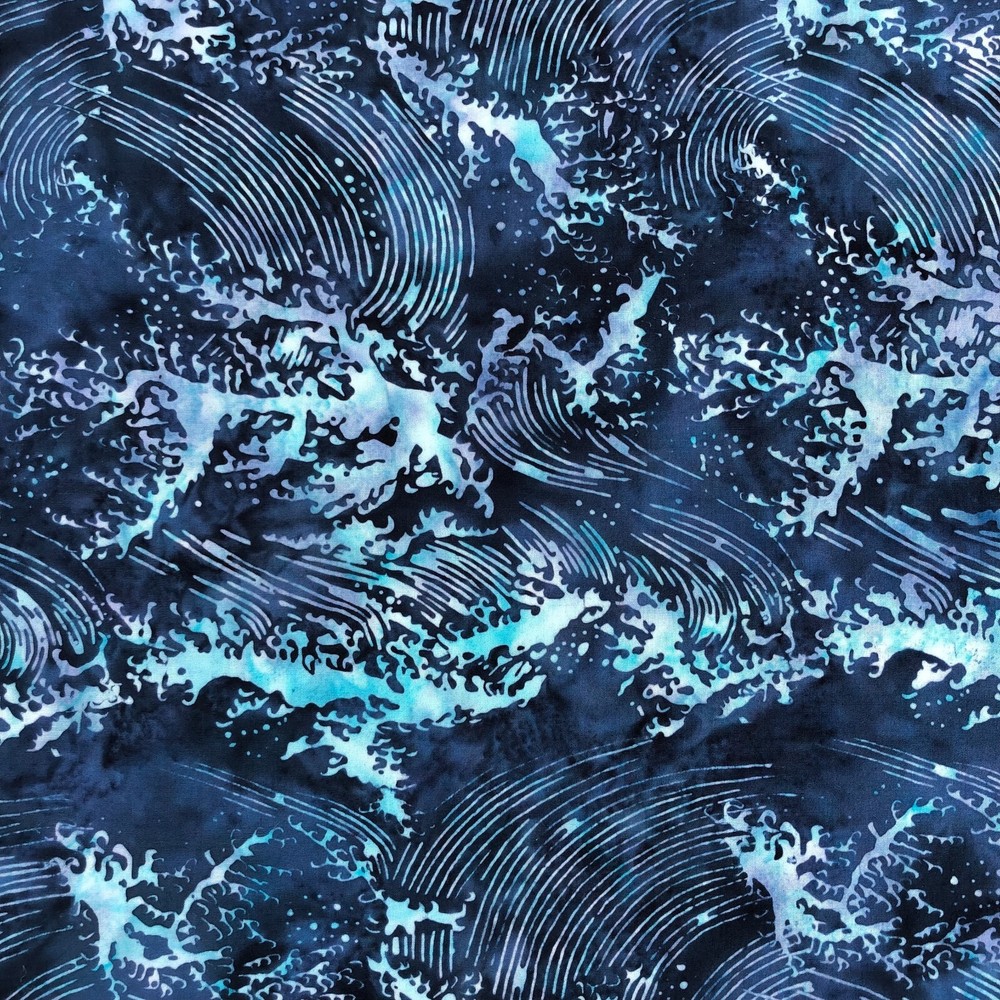 batik crashing waves navy blue aqua turquoise prewashed 100% cotton 1yd