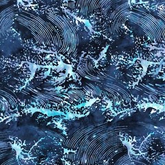 batik crashing waves navy blue aqua turquoise prewashed 100% cotton 1yd