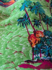 Vintage Hawaiian Tropical Fabric Palm Trees Huts Island Tiki Cotton 55″ X 44″