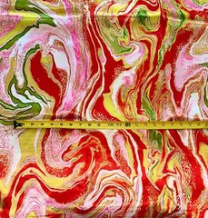 African Print, Satin Fabric – Red, Pink, Gold “Wasi Whirl”, Yard or Wholesale