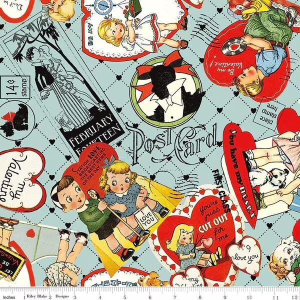 TAKE HEART Valentine Toss Blue Digital Quilt Fabric Riley Blake sold by 1/2 yd