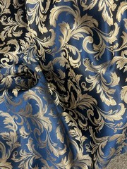 Midnight Blue / Gold Damask Jacquard Brocade Fabric (116in.) Sold By The Yard