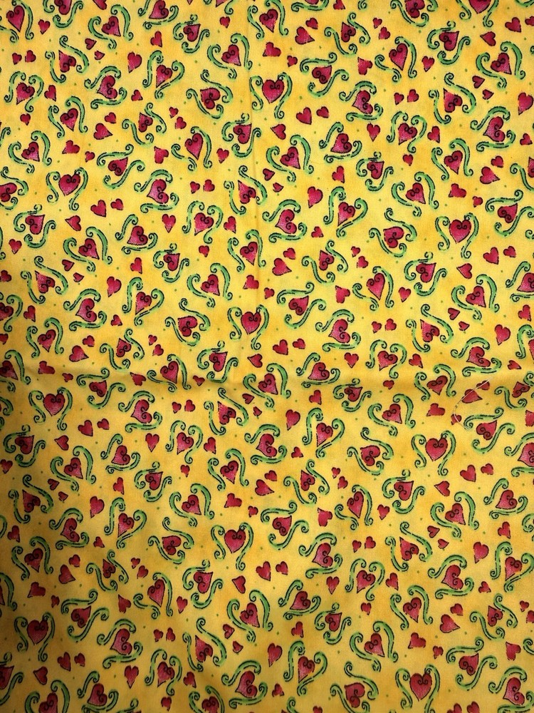 Vintage 2005 Classic Cottons Quilt Fabric Pink Hearts On Yellow 3 Yards