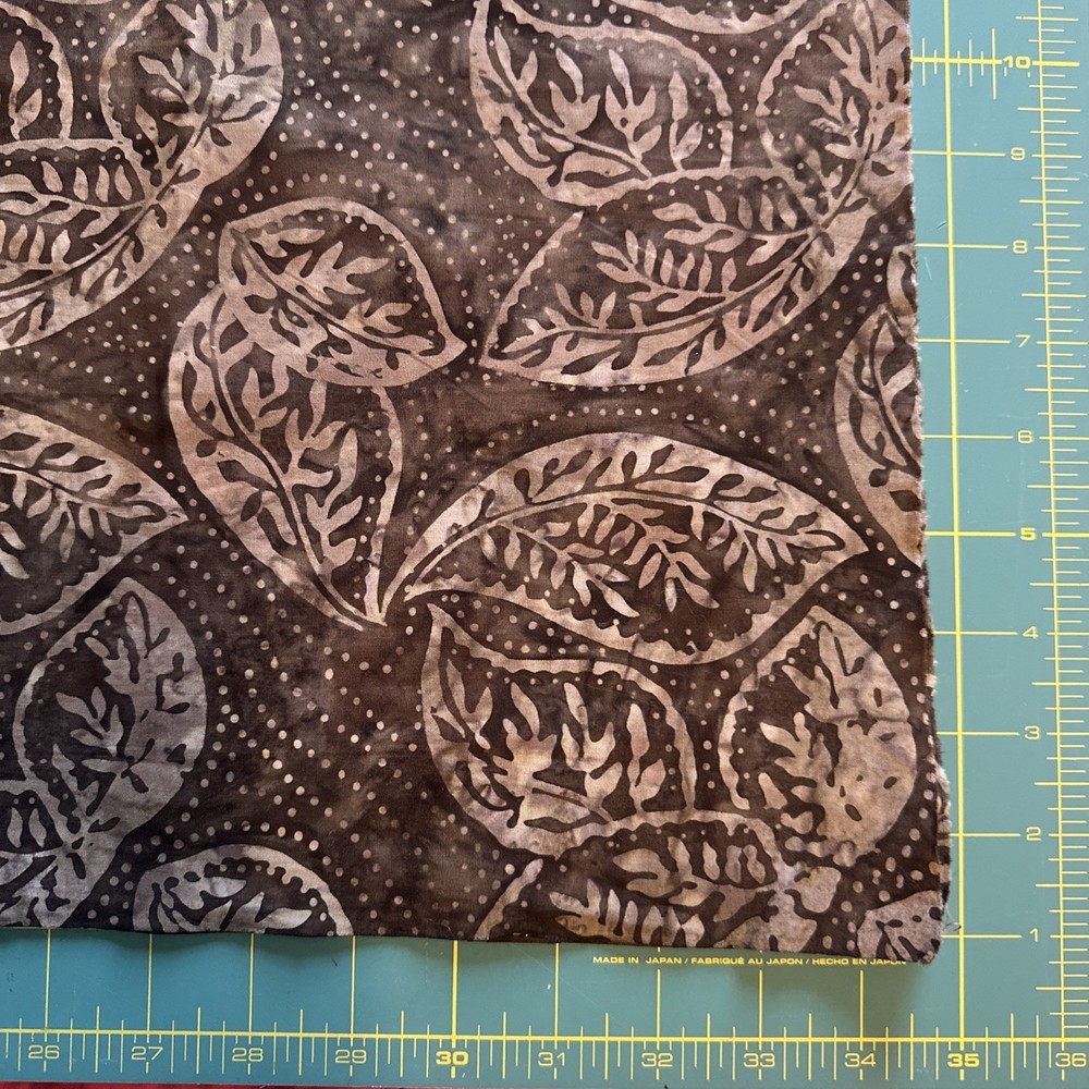 Batik cotton fabric. Brown beige Botanical leaves 4 continuous yards