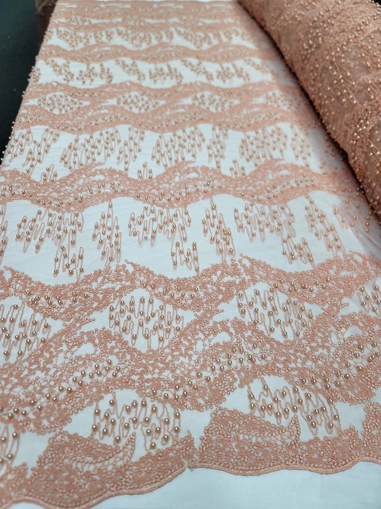 Deluxe PEACH Embroidered Handmade Lace By The Yard_ Hand Beaded Mesh Lace Fabric