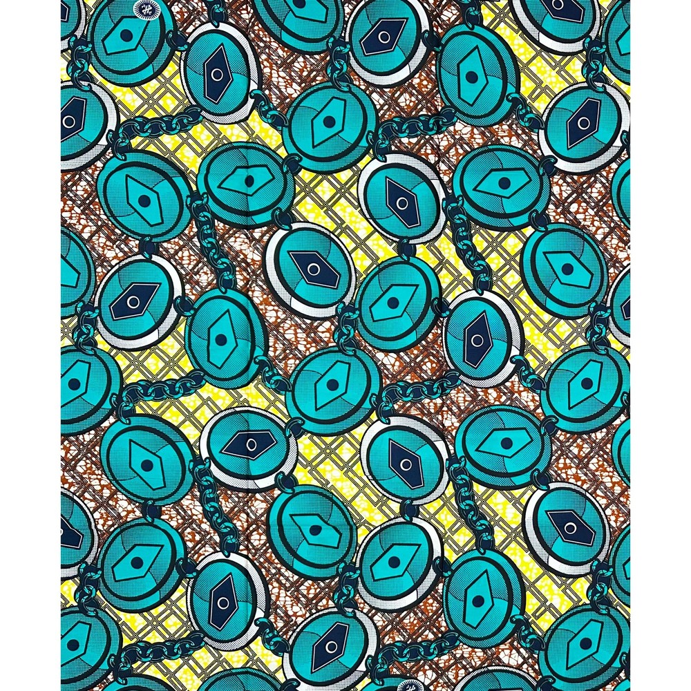 African Fabric/ Ankara – Teal, Brown, Yellow “Chain No Dey Hold Me”, 1 YARD