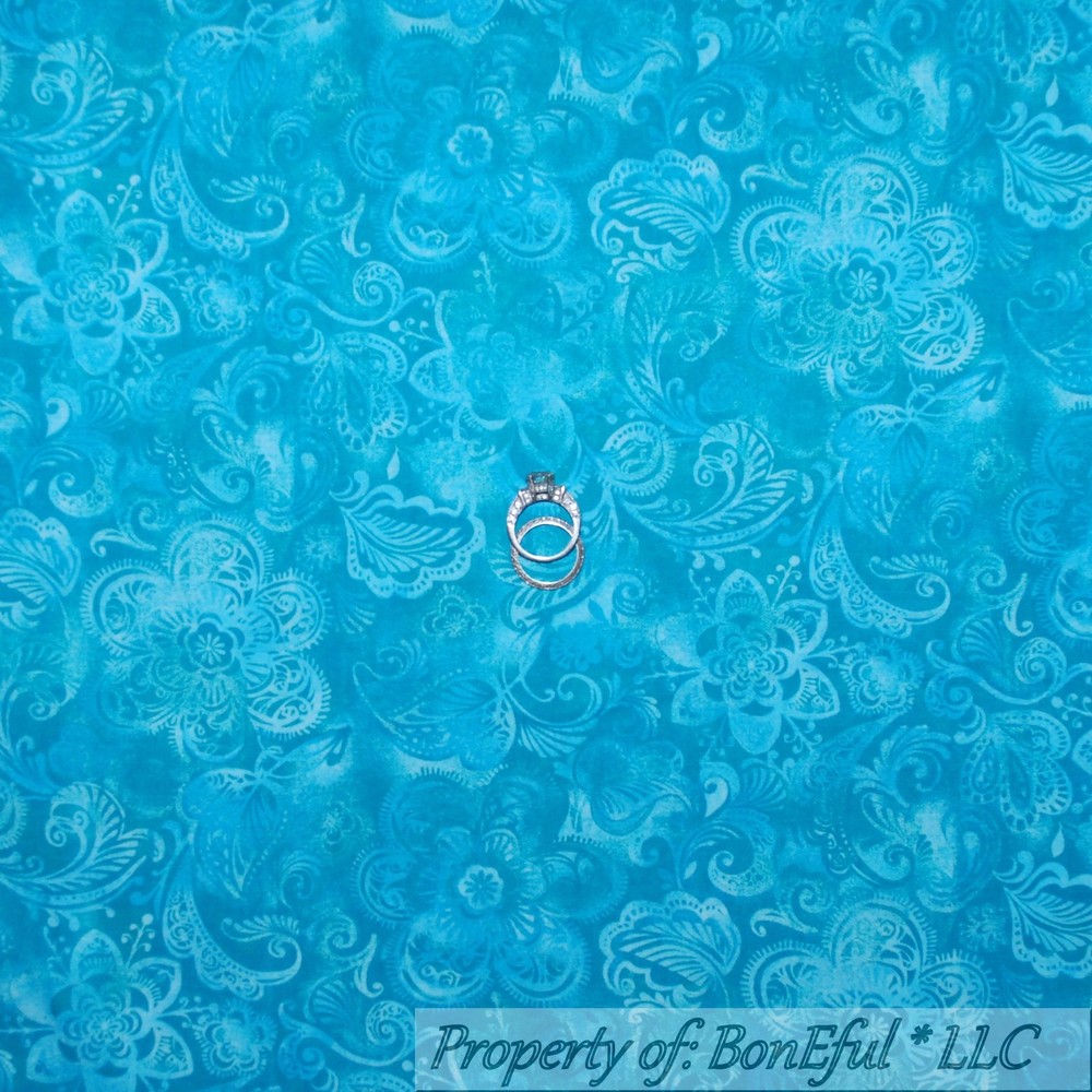 BonEful Fabric FQ Cotton Quilt Aqua Blue Teal Flower Leaf Paisley Swirl Small NR
