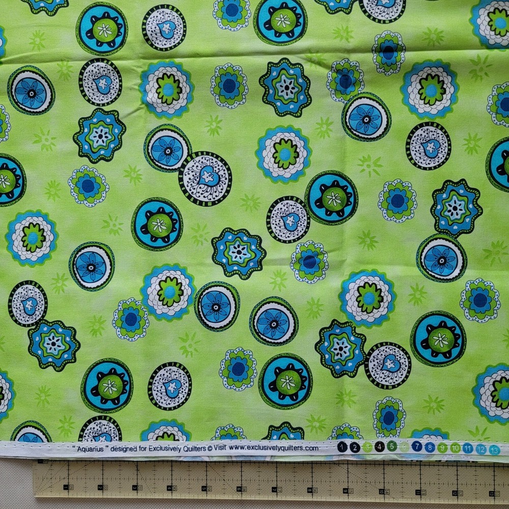 2 yds Aquarius Exclusively Quilters cotton, OOP, lime green, blue, black, white