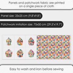 Patchwork Cupcake Fabric Panel Continuous Cotton Satin 6 Squares 9.8×9.8 Inch