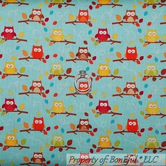 BonEful Fabric FQ Cotton Quilt Blue Orange White Owl Fall Leaf Tree Wood Dot Kid
