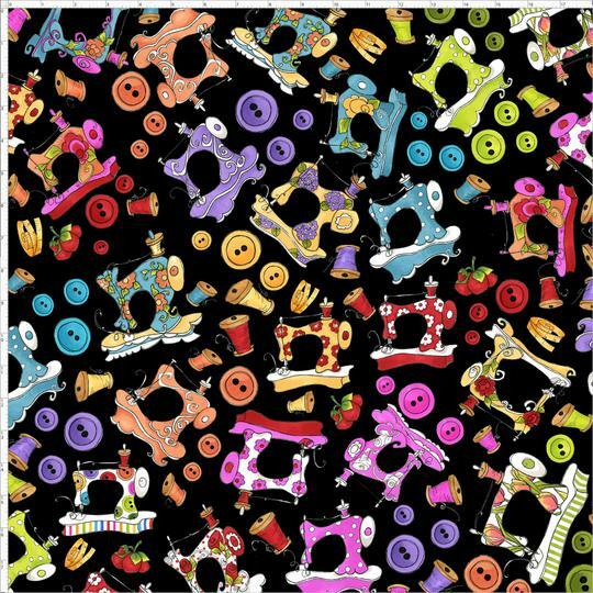 Sew Machine Button Toss Fabric 21″ length 44″ W Black Cotton Loralie Designs