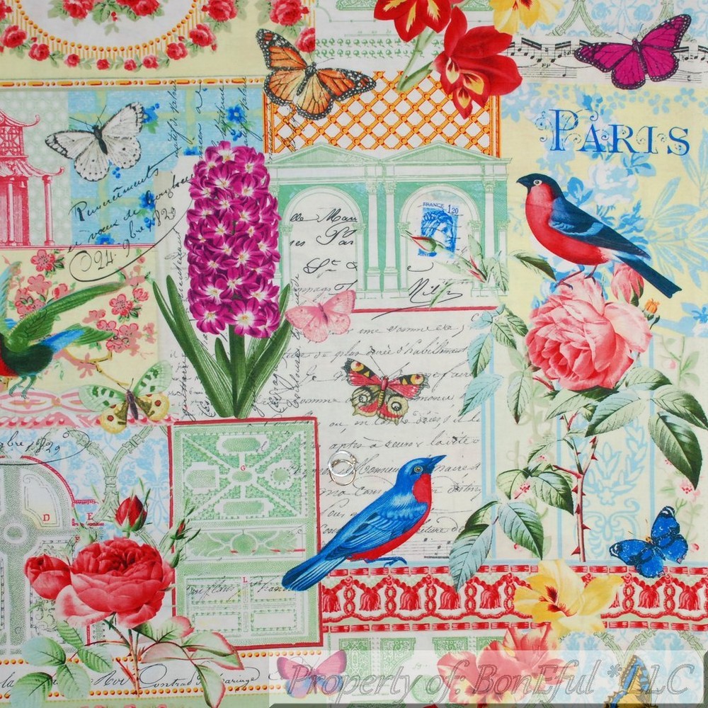 BonEful FABRIC FQ Cotton Quilt White Rainbow Paris Patchwork Rose Flower Garden