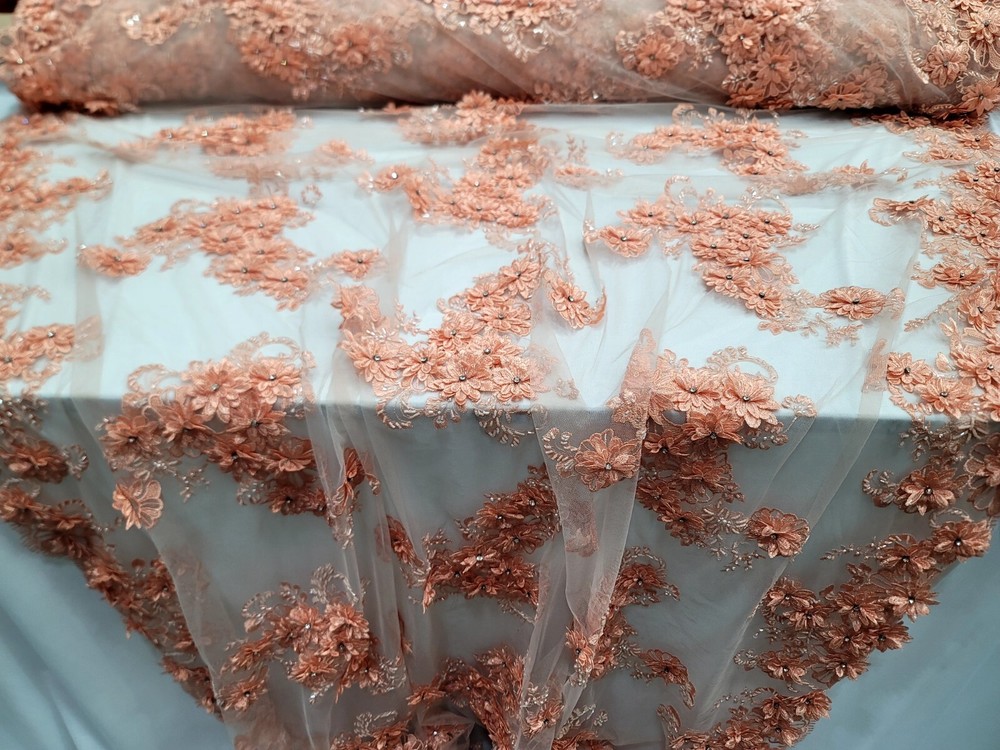 Peach Floral 3D Beaded French Embroidered Handmade Mesh 3D Lace Fabric By Yard