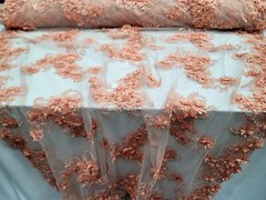 Peach Floral 3D Beaded French Embroidered Handmade Mesh 3D Lace Fabric By Yard