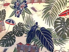 Coastal Outdoor fabric Beach Scenes Huts Palm Tropical Blue Green By The Yard