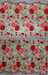 Iris RED Floral and Leaves Embroidery on NUDE Mesh Lace Fabric by the Yard – 10