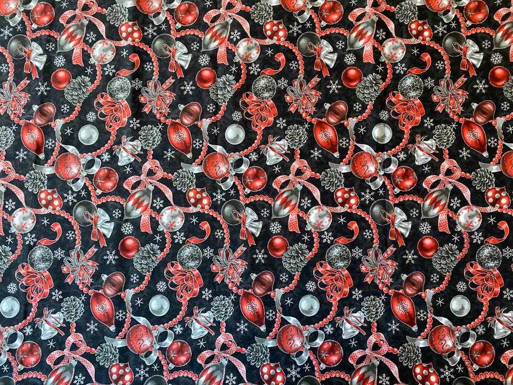 HOBBY LOBBY FABRIC~Xmas Ornaments~BLACK RED METALLIC SILVER~Pine Cones~Snowflake