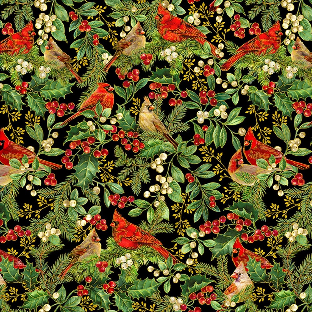 BTHY Christmas Poinsettia Cardinal Metallic Black Cotton Fabric By Half Yard
