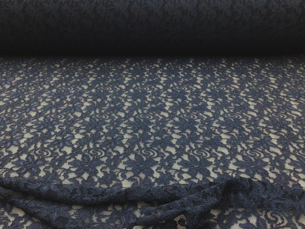 Embroidered Stretch Lace Apparel Fabric Sheer Floral Midnight Navy Blue WW511