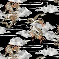Japanese – Cosmo Fiery Dragons in the Clouds-SP3700-1E-Black – By the Half Yard