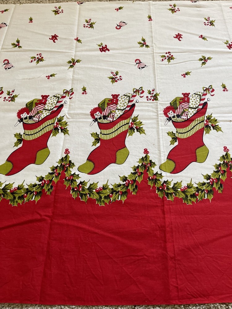 Vtg CHRISTMAS Stocking Doll Teddy Toys Cotton Fabric Pillowcase Apron Tablecloth