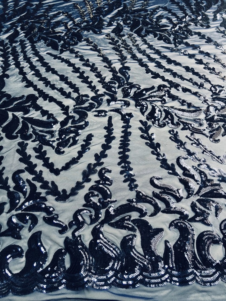 Miranda NAVY BLUE Vines and Leaves Sequins on NAVY Mesh Lace Fabric by the Yard