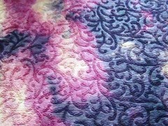 2-YDS POLY EMBOSSED TIE DYE BROWN-MAGENTA-TAN SCROLLS DESIGN