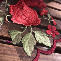 Iris RED Floral and Leaves Embroidery on BLACK Mesh Lace Fabric by the Yard – 1