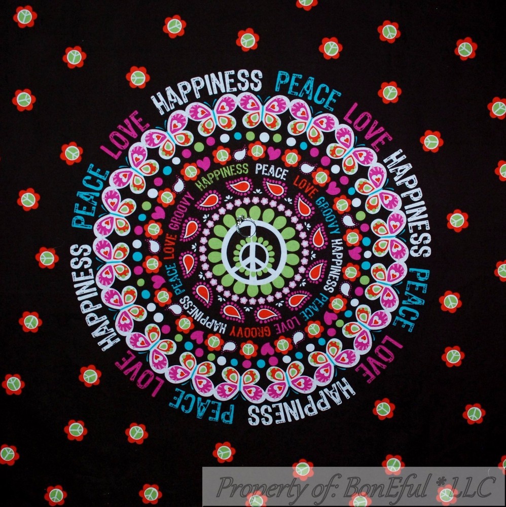 BonEful Fabric FQ Cotton Quilt VTG Brown Pink Purple PEACE LOVE Pillow Panel OOP