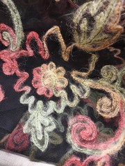 Embroidered Black Netting Fabric With Multicolored Wool Thread