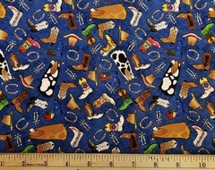 AVLYN Fabric – COWPOKES – Boots~Spurs~Horseshoes on Blue – HALF yard (18″)