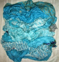BBI LOT PURE SILK Antique Vintage Sari REMNANT Fabrics 100 GRAMS AQUA TURQUOISE