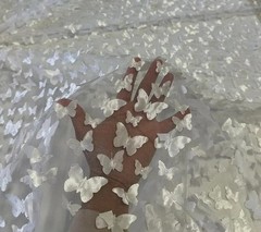 White 3D Butterfly Satin Lace Fabric – Embroidered Mesh Lace by the Yard