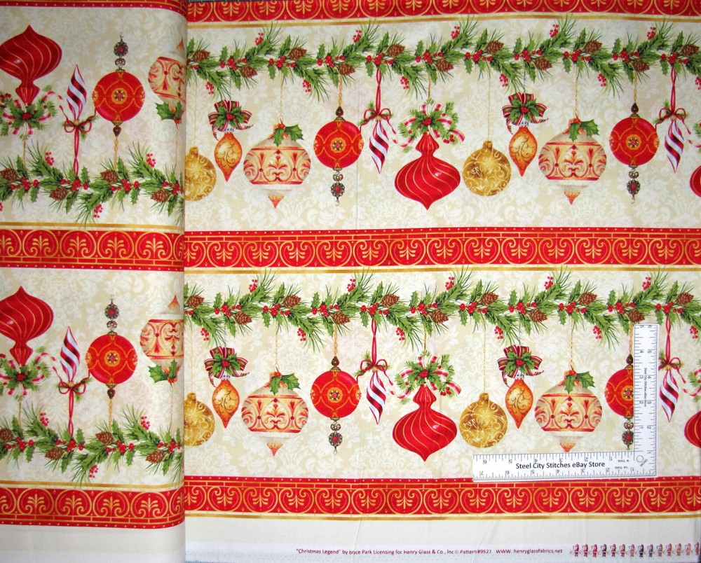 Christmas Ornament Border Stripe Fabric By the Yard Cotton by Henry Glass
