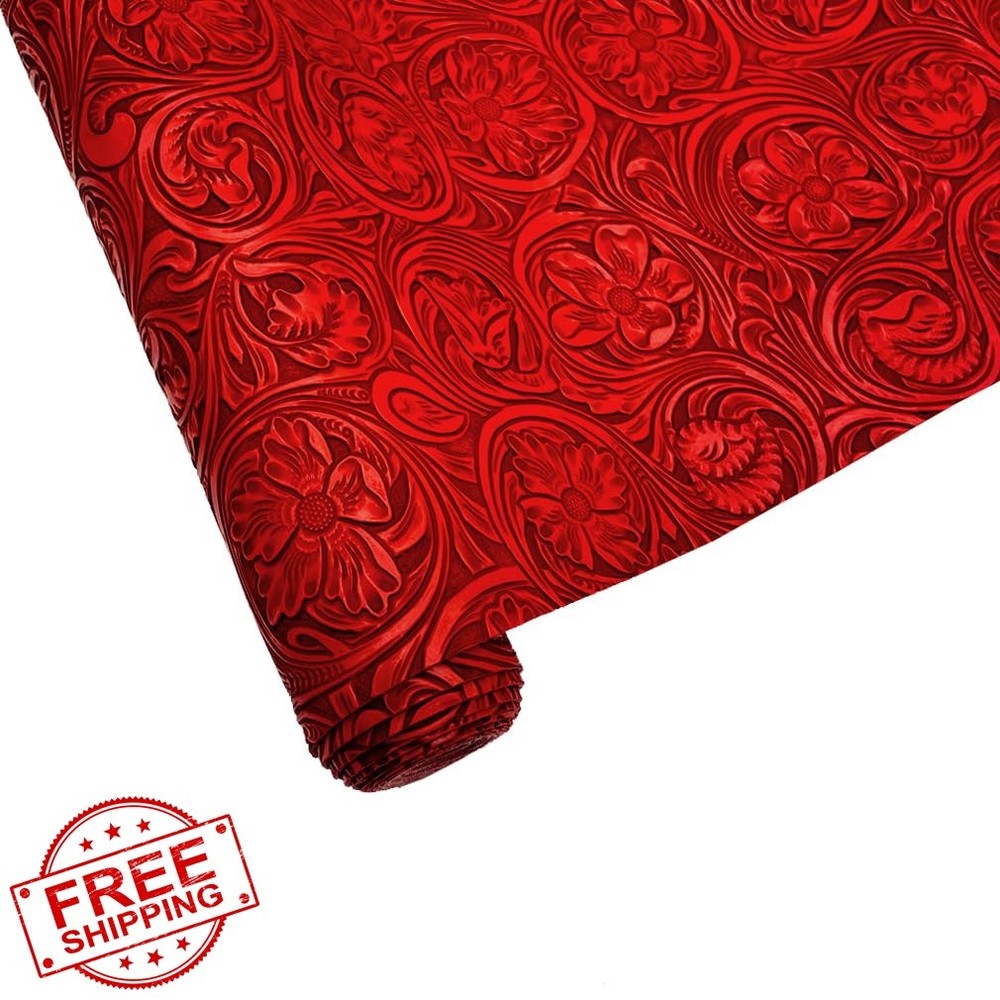 YYOUMING Embossed Faux Leather Floral-Red 12×54 Inch