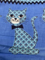 “Rare” CRAFTY BLUE CATS FABRIC Vintage Cotton- 2 YARDS Atomic Mid Century