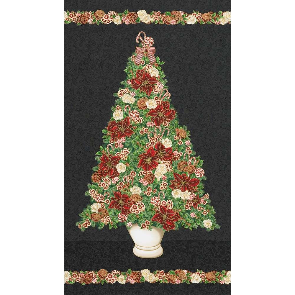 Robert Kaufman – Holiday Flourish Peppermint Twist – 24″ Tree Panel Black