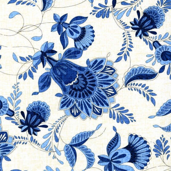 BTY Caprice Delft Blue Jacobean Floral White Linen Texture Cotton Fabric By Yard