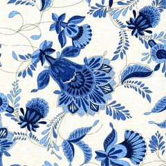 BTY Caprice Delft Blue Jacobean Floral White Linen Texture Cotton Fabric By Yard