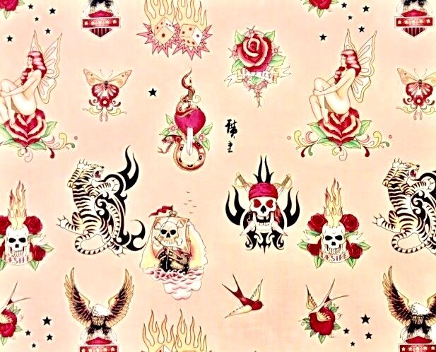 AH53 Skin Deep Tattoos Skulls Dice Tiger Vice Pink COOL Poplin Cotton Fabric
