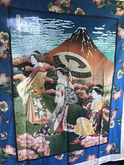 Japanese Women Fabric Panel Mt. Fuji Cotton Asian 35”X44” STAIN* Quilt F14