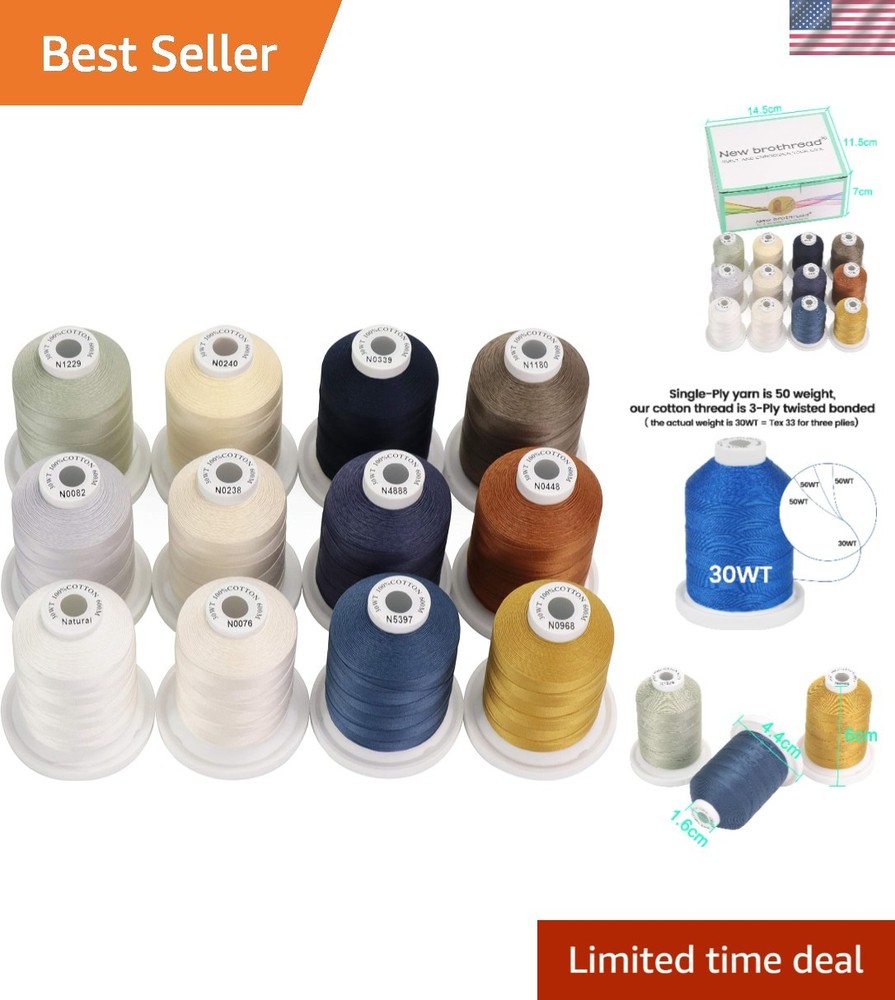 Multi-Purpose 100% Cotton Thread Spools, 600M – 12 Stylish Neutral & Jean Colors