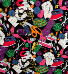 2+Yd 44WX75L Vtg SEWING MACHINE TOOLS THREAD SCISSORS BUTTONS Black Quilt Fabric