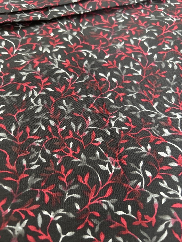 Madrona For ClothWorks Black With Red Gray Foliage Fabric 1yd 42”