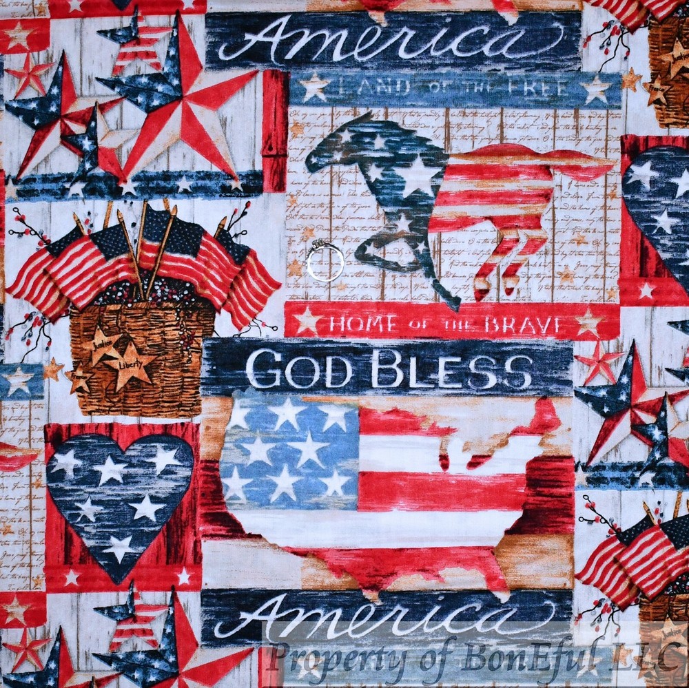 BonEful Fabric FQ Cotton Quilt Red White Blue American Flag Horse Heart Star Kid